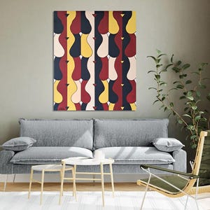 May include: Abstract painting with a repeating pattern of yellow, red, white, and blue curved shapes. The painting is framed and hanging on a wall.