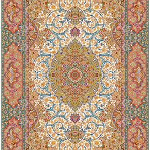 May include: A traditional Persian rug with a white background and intricate floral patterns in shades of red, blue, green, and gold. The rug has a central medallion and a border with repeating motifs.