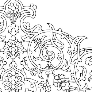 May include: A black and white line drawing of a decorative floral pattern with intricate details. The design features swirling vines, leaves, and flowers.