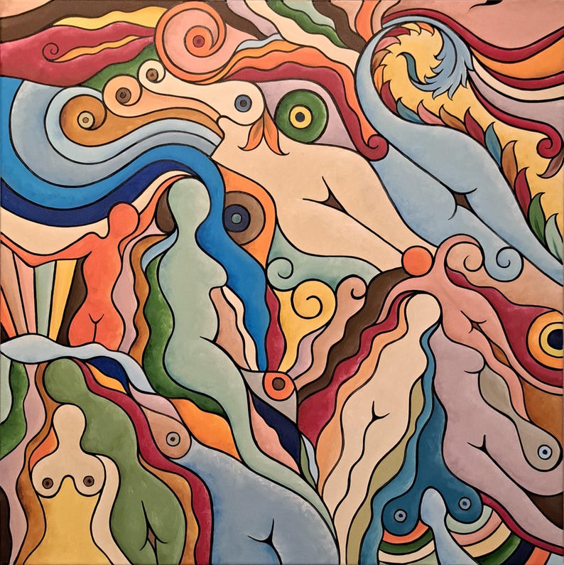 Op de afbeelding: Abstracte schilderij met meerdere gestileerde figuren in verschillende tinten blauw, groen, geel, oranje, rood en bruin. De figuren zijn zwart omlijnd en zijn op elkaar gelegd, waardoor een gevoel van diepte en beweging ontstaat.