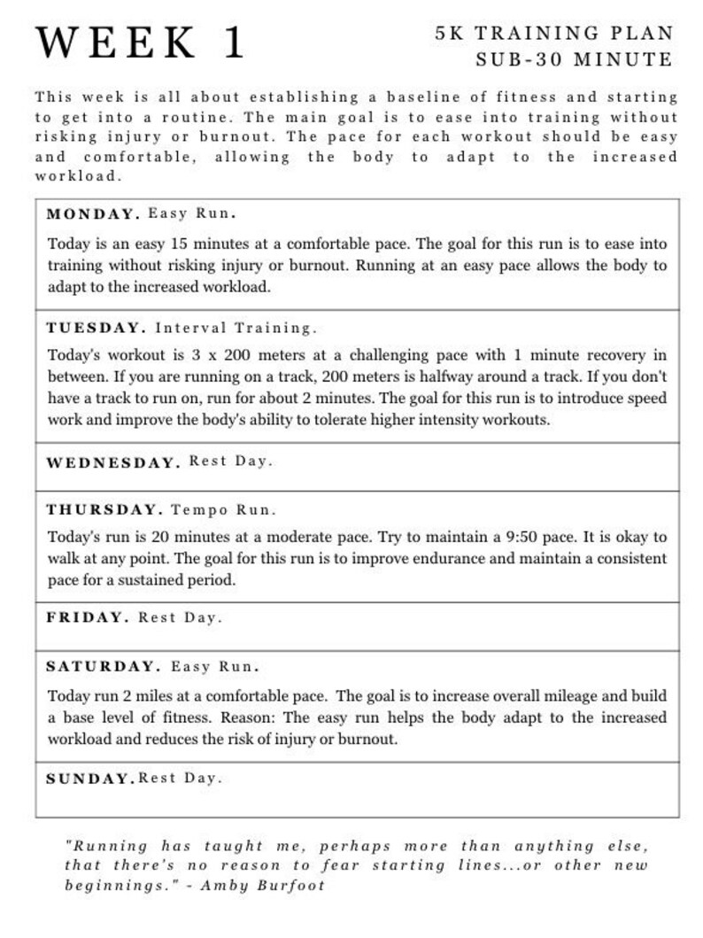 8 Week Sub-30 Minute 5k Training Plan + Running Journal - Etsy