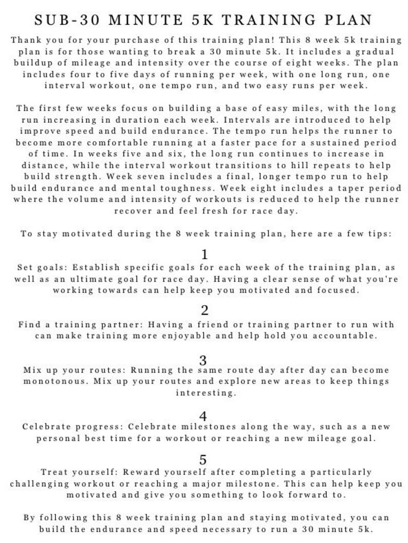 8 Week Sub-30 Minute 5k Training Plan + Running Journal - Etsy
