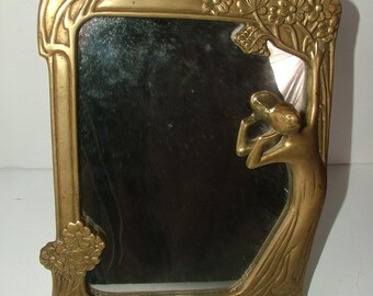 Vintage Art Deco Nouveau Brass Vanity Dressing Table Mirror Lady Flowers