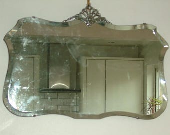 Antique Frameless 1930s Asymmetric Bevelled Mirror Art Deco With Hanging Chain