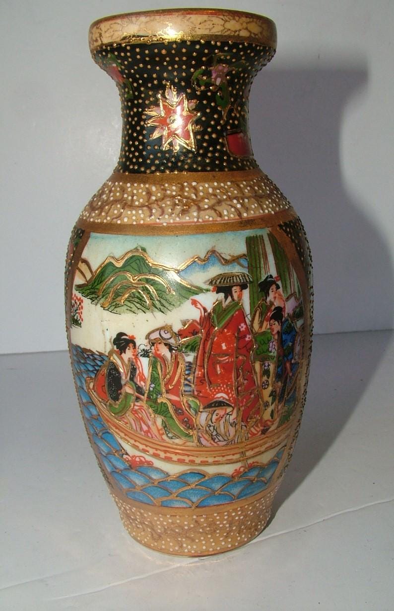 Antique Japanese Satsuma chinoiserie Handpainted Porcelain Vase Gold Gilded