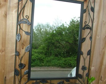 Vtg 1990s Black Wrought Iron Shabby Chic Wall Mirror With Floral Design