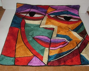 New Hand Made Kashmir Cotton Cross Stitch Abstract Face Piccaso Pop Art Cushion Cover