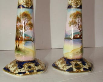Pair of Noritake Porcelain Candlesticks Hand Painted Landscape Enamel Beading