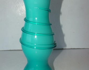 Vase Art Déco Franz Weltz Bohemain en spirale bleu turquoise en verre