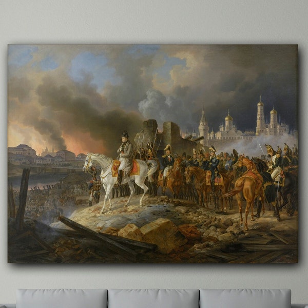 Napoleon in Burning Moscow Canvas Wall Art, Relive History with Captivating Canvas Art: Napoleon's Moscow Campaign, Napoleon Poster