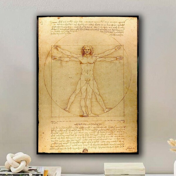 Arte de pared del lienzo del hombre de Vitruvio, obra maestra matemática de Leonardo: infunda su espacio con arte del lienzo del hombre de Vitruvio, arte de Leonardo da Vinci