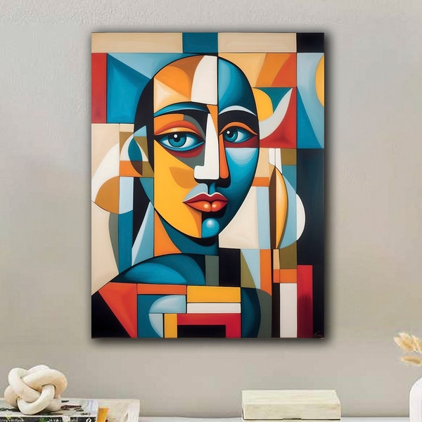 Art mural abstrait cubiste, affiche visage de femme cubiste, affiche imprimée colorée abstraite, cadeau toile, art mural abstrait inspiré de Picasso