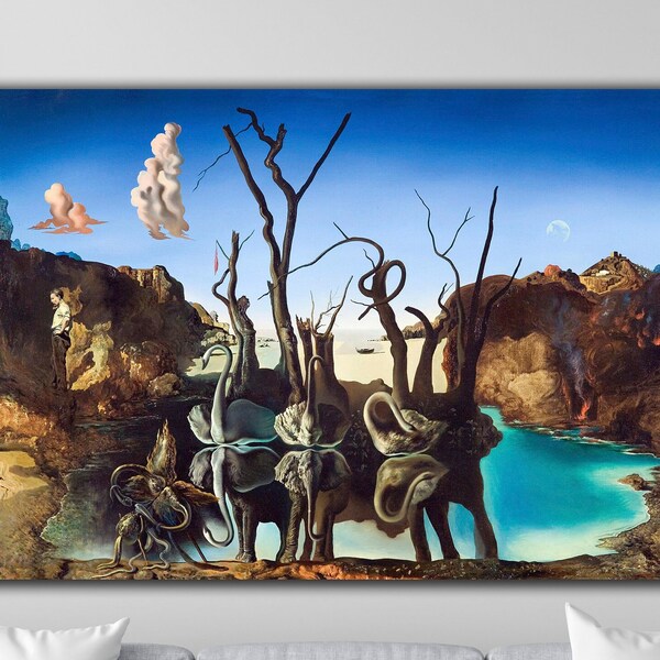 Salvador Dalis Swans Reflecting Elephants Leinwand Wandkunst, Dalis Surreale Fata Morgana: Atemberaubende Leinwand Print Swans and Reflecting Elephants