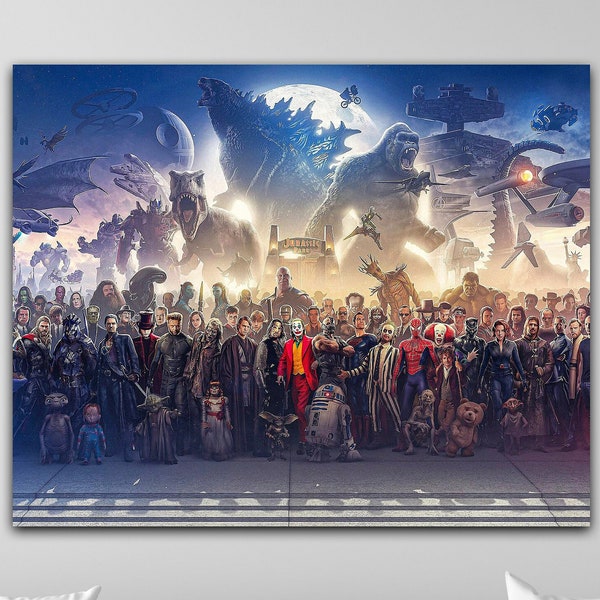 Universe of Heroes Wandkunst, legendäre Zusammenkunft - Epische Leinwand von 150 fiktiven Superhelden und Filmcharakteren, Heroes United Poster