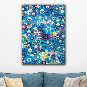 Takashi Murakami Wall Art, An Homage to IKB 1957 Print Poster, Takashi Murakami Artwork Poster, Blue Colored Smiley Faces Canvas by Murakami