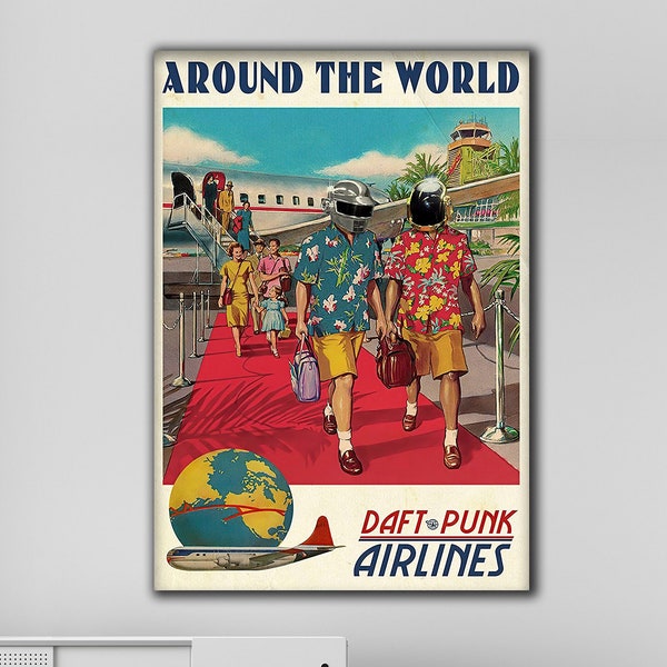 Arte de pared en lienzo de Daft Punk Airlines, Despegue musical: Arte de pared en lienzo inspirador con 'Daft Punk Airlines, Fly with Daft Punk Themed Poster