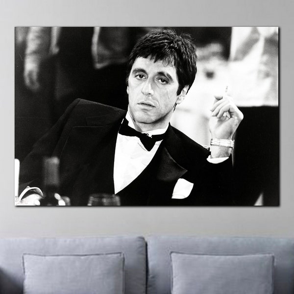 Tony Montana Canvas Wall Art, Iconic Gangster: Al Pacino as Scarface - Captivating Black and White Artwork, Tony Montana Print Poster