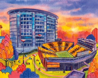 May include: A watercolor painting of a stadium with a large building in the background. The stadium is yellow and orange with a green field. The building is blue and gray with many windows. The sky is a vibrant orange and pink.