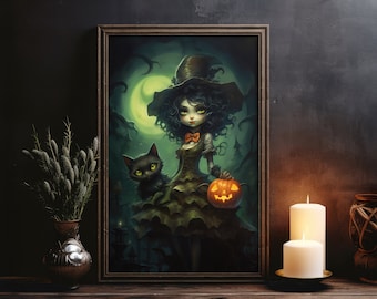 Arte stampabile strega carina, strega con il suo gatto, arte della parete di Halloween, orrore carino, decorazioni di Halloween, download digitale istantaneo
