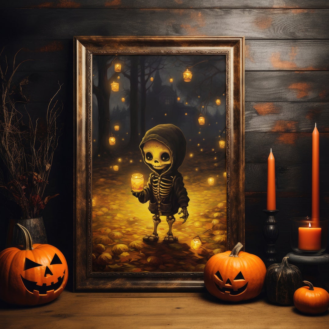 Cute Skeleton Printable Art Skeleton With Ghostly Lights - Etsy