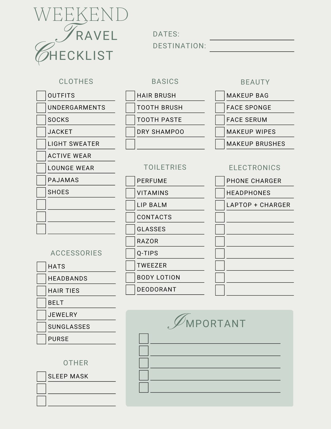 Week Packing Planner Weekend Travel Checklist, Minimalist Packing Planner (digital Download ...