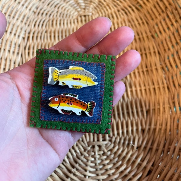 Fish Brooch Felt Fabric Wood Art Pin