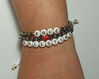 Free Palestine. Three rows of black Miyuki beads and letters bracelet. Gift for her