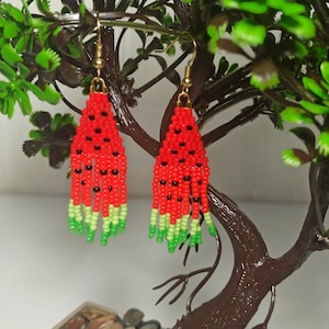 Miyuki Beaded Watermelon Earrings: Hand-Woven Dangle Earrings