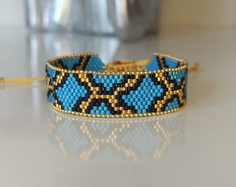 Blue gold miyuki beaded woven, X pattern bracelet. Mother's day gift