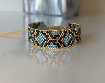 Blue and gold miyuki beaded woven, X pattern bracelet. Women bracelet. Gift for her