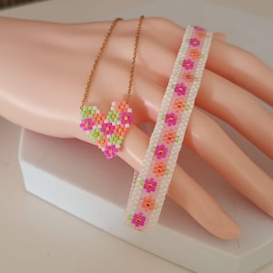 Flower bracelet and necklace set. Valentine&#39;s day gift. Miyuki bead bangle.