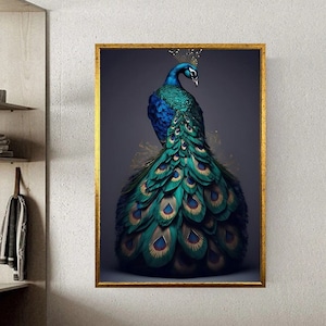 blue peacock canvas wall art , peacock canvas print ,peacock canvas paint, animal kingdom wall decor , ready to hang canvas print