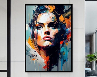 blue eyes woman canvas wall art , abstract woman canvas paint , colorful woman canvas print, ready to hang canvas print