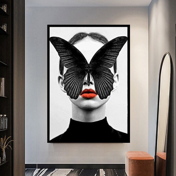 Woman With Butterfly, Butterfly Face Girl Canvas Print, Butterfly Sunglasses, Black and White Portrait, Canvas Print Wall Art,