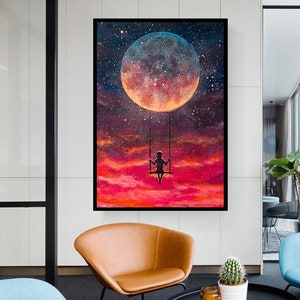 Girl Swinging On A Swing On Full Moon, Modern Art Canvas, Abstract Colorful Wall Art, Abstract Moon Canvas Art, Girl Printed,