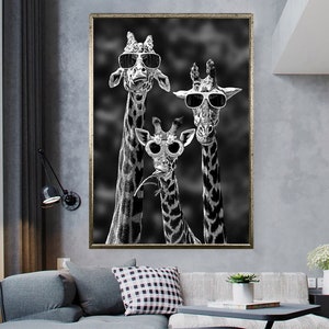 funny Giraffes Canvas print, black and white Giraffe Canvas Print , Animal Art Print, Modern Wall Hanging ready made canvas print