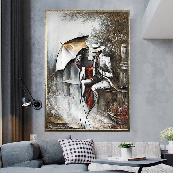 couple hugging canvas art, woman with umbrella canvas print, couple canvas painting, wall art canvas design, framed canvas, ready to hang