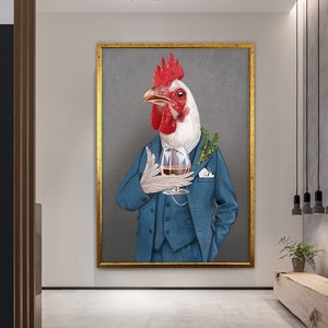 Elegant Rooster Portrait In Suit Canvas print,Funny Animal Portrait Art,Chicken canvas print,Animal Wearing Suits,ready to hang canvas print