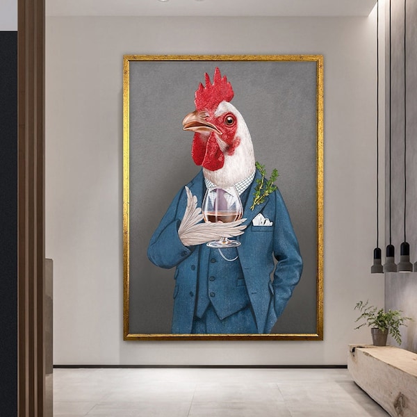 Elegante haan portret in pak canvas print, grappige dieren portret kunst, kip canvas print, Animal Wearing Suits, klaar om canvas print op te hangen