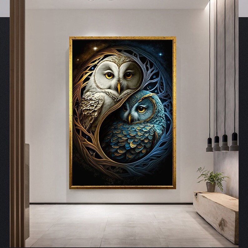 Póster de lienzo de bosque con búho, estampado volador de gran búho gris, arte de pared con búho de abeto verde, póster de búho decorativo,