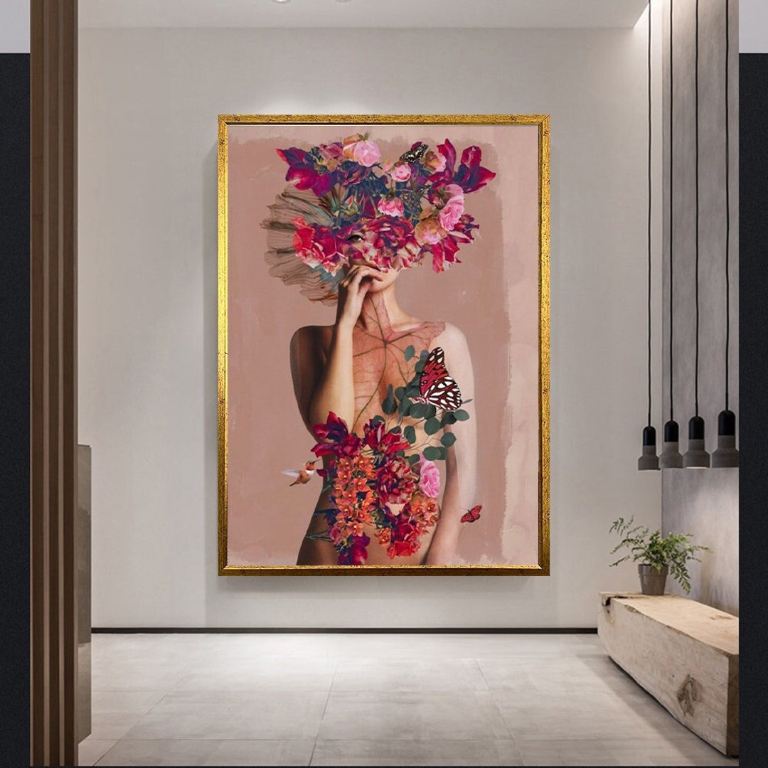 Woman With Flower Head Canvas Painting, Flower Woman Canvas Print