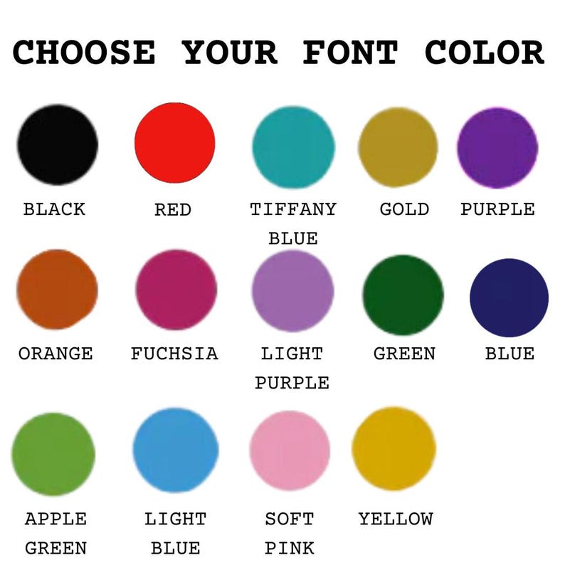Może przedstawiać: Obraz przedstawiający paletę kolor&oacute;w z tekstem "CHOOSE YOUR FONT COLOR" u g&oacute;ry. Paleta zawiera 15 kolorowych k&oacute;ł, z kt&oacute;rych każde jest opisane nazwą koloru, w tym czarnym, czerwonym i ż&oacute;łtym. Kolory są ułożone w rzędach i kolumnach.