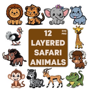 Safaridieren SVG gelaagd, 12 dieren svg bundel, Afrikaanse jungle dieren gesneden bestand, dierlijke SVG bundel, dieren png set, dieren afdrukken
