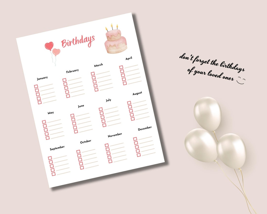 Birthday Reminder Listbirthday Tracker Printable Template - Etsy
