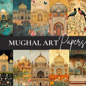 May include: A collection of Mughal art papers featuring detailed illustrations of palaces, gardens, and birds. The papers showcase a variety of colors, including teal, gold, and floral patterns. The text "Mughal Art Papers" is displayed in white script.