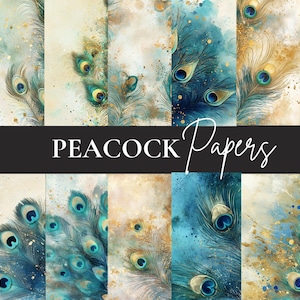 Peacock Digital Paper Bundle – 40 Exotic Feather Patterns, Royal Blue and Teal Backgrounds, Printable Papers for Crafts and Scrapbooking
