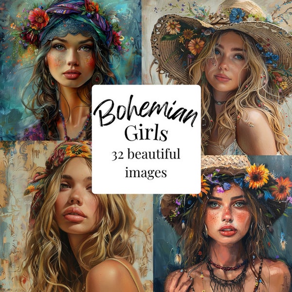 Bohemian Girls Digital Paper - 32 Glamour Girl Images, Digital Paper, Instant Download Planners, Scrapbooking