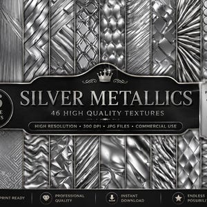 May include: A collection of 46 high-quality silver metallic textures, showcasing diverse designs. The image displays various patterns and embossed effects. The text indicates high resolution, JPG files, and commercial use for graphic design and branding.
