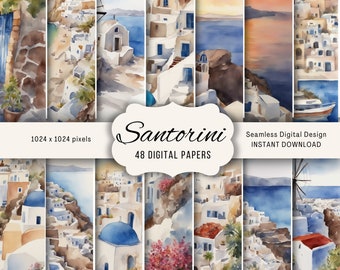 Watercolor Santorini Digital Paper Set: Travel Art Images (Digital Download)