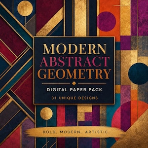 Può includere: Un pacchetto di carta digitale con un design geometrico astratto moderno. L'immagine presenta un quadrato con il testo "MODERN ABSTRACT GEOMETRY" e "DIGITAL PAPER PACK 31 UNIQUE DESIGNS". Lo sfondo presenta forme geometriche in oro, verde acqua, bordeaux e arancione.